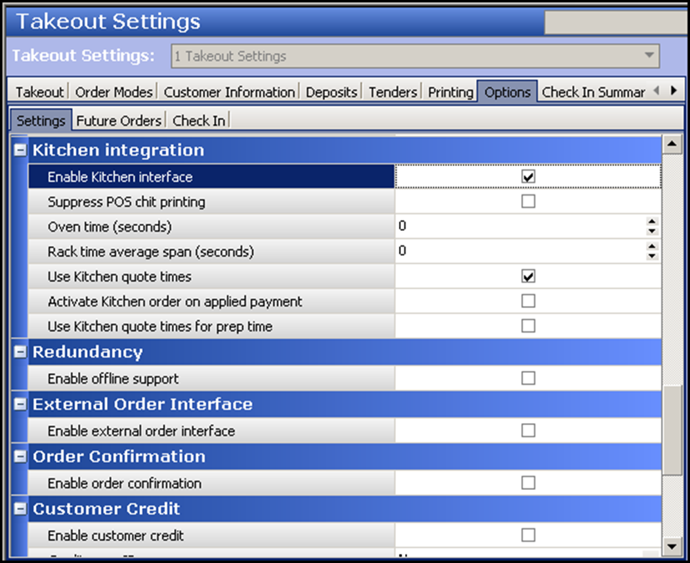 Settings tab in options of takeout settings