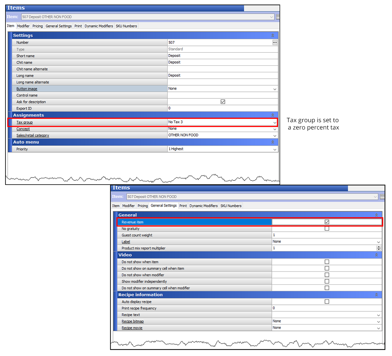 Creating a Deposit item in Items function, Item tab