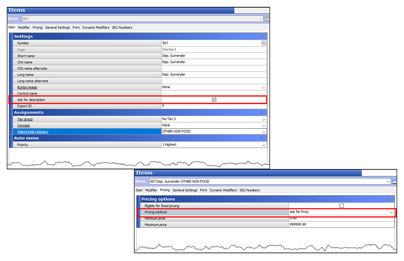 Creating a Deposit Surrender item in Items function, Item tab