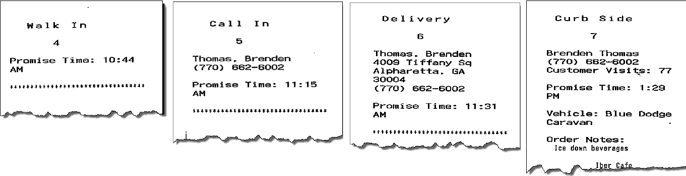Examples of kitchen chits for walk-in and call-in orders, showing the type of information contained in each
