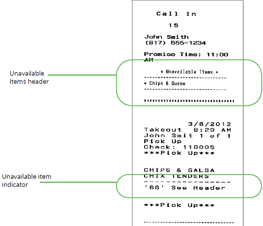 Sample of unavailable item indicator on a printed chit