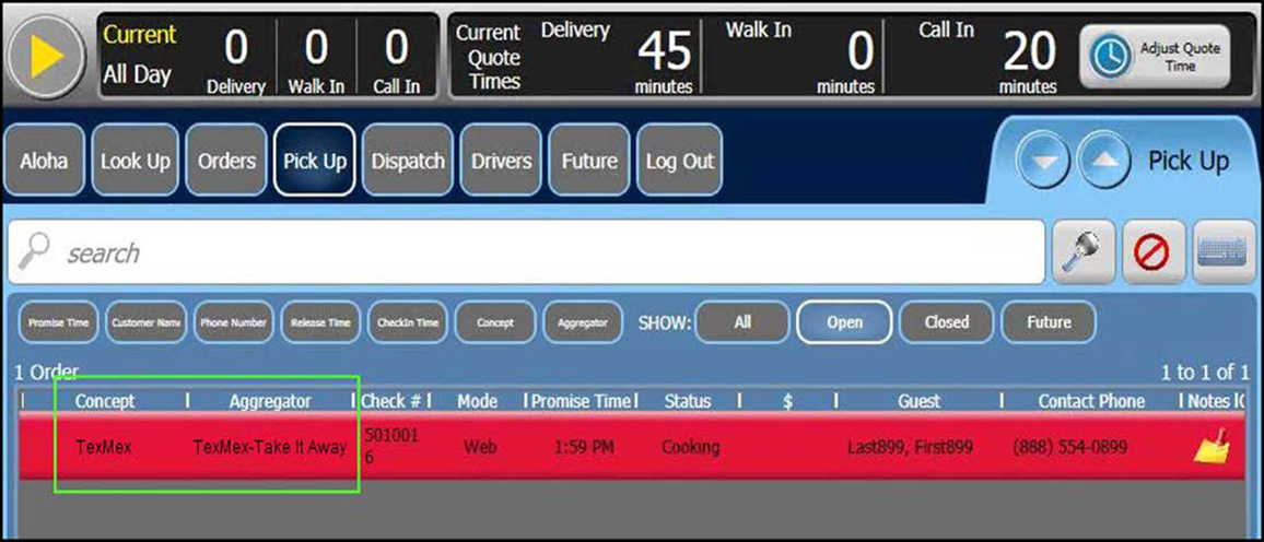 Sample of Concept and Aggregator Columns on Pick Up Panel in Aloha Takeout