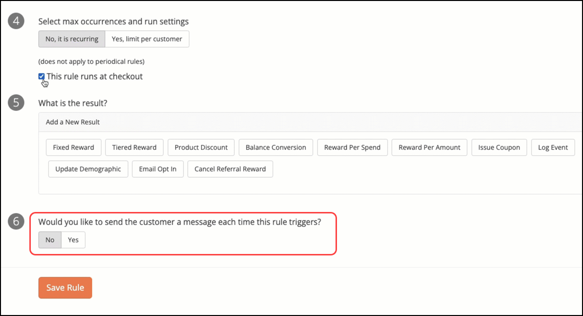 Select whether to send a message to customer