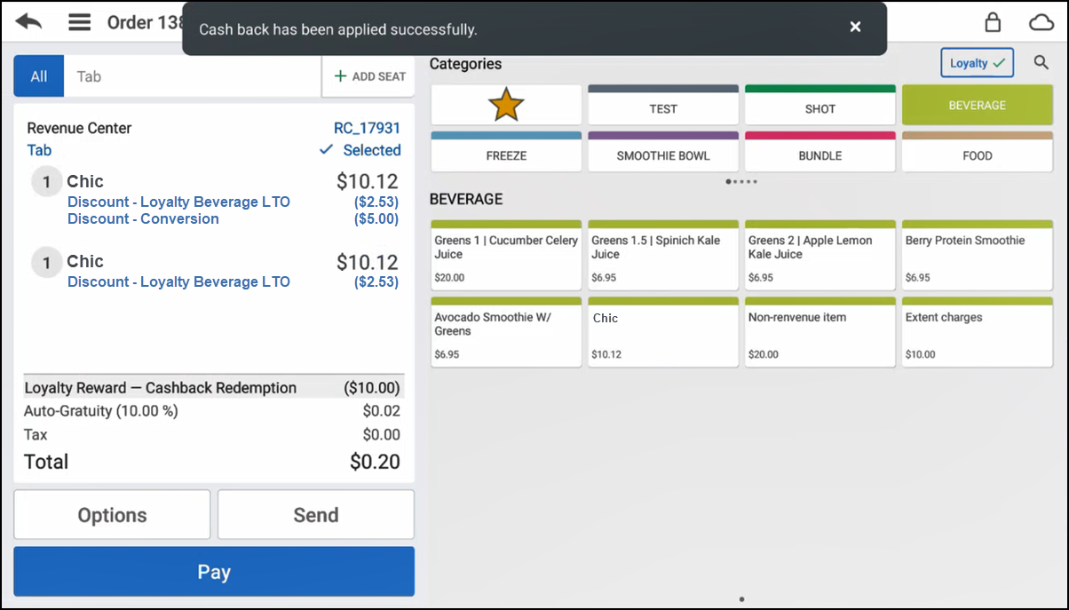 Cash Back Successful message