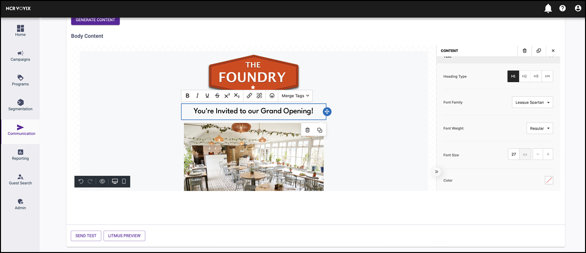 Image of email being created using WYSIWYG editor