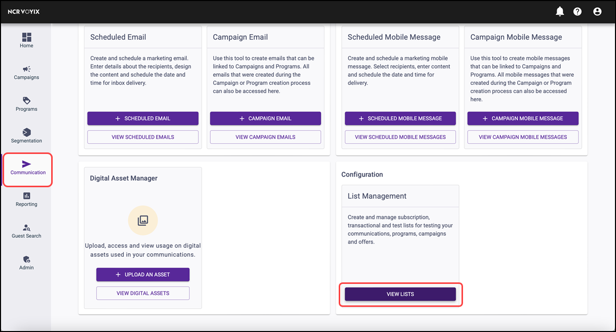 Selecting View Lists in Communications section.