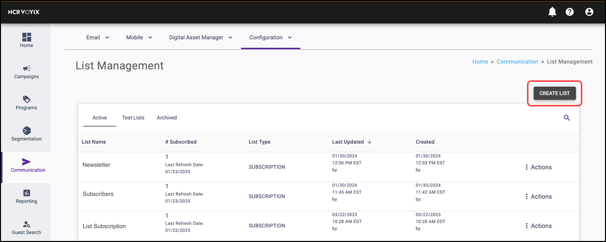 Clicking View Lists on the List Management page