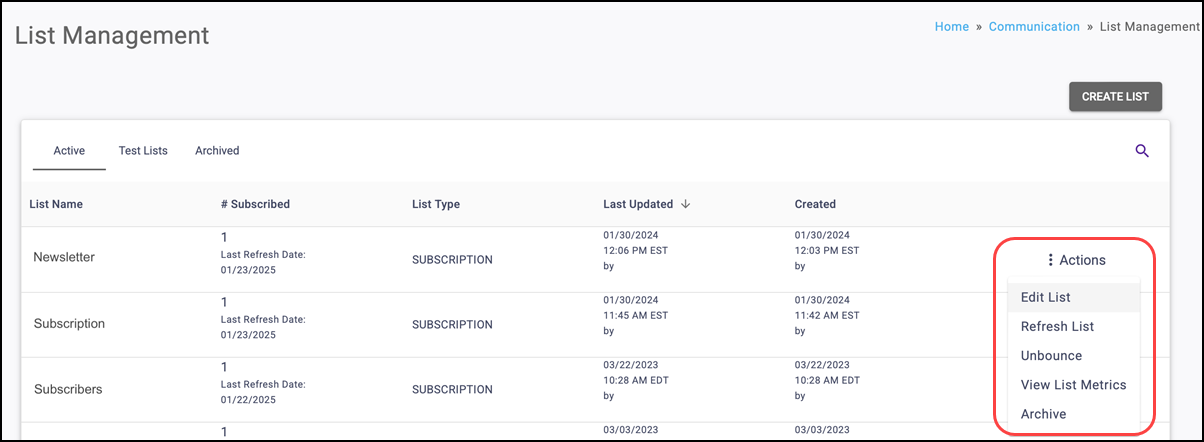 Using Actions to perform List tasks