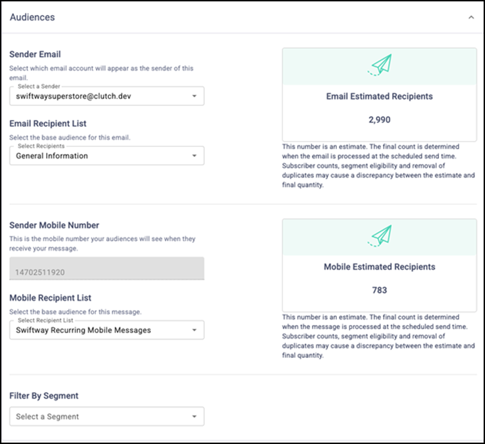 Sample screen to select audience
