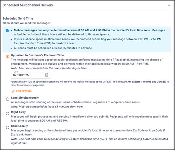 Sample screen to select schedule multichannel delivery