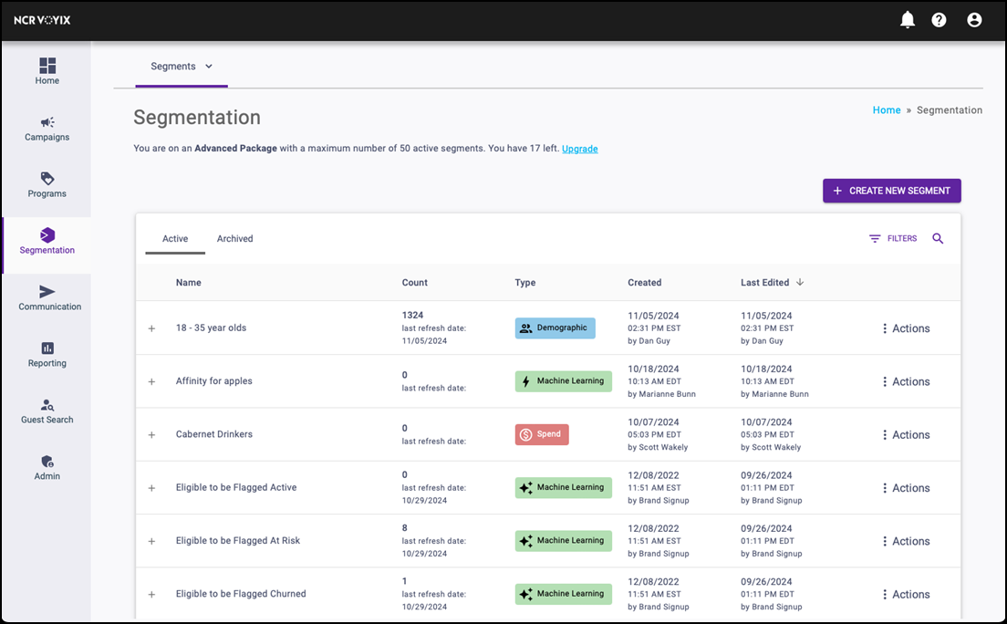 Segmentation option in navigation pane on left