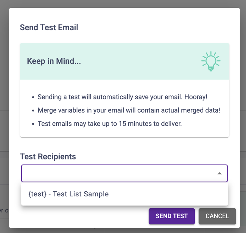 Send Test Email popup window