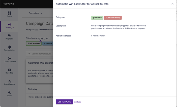 Automatic Win-back Offer for At Risk Customers Screen