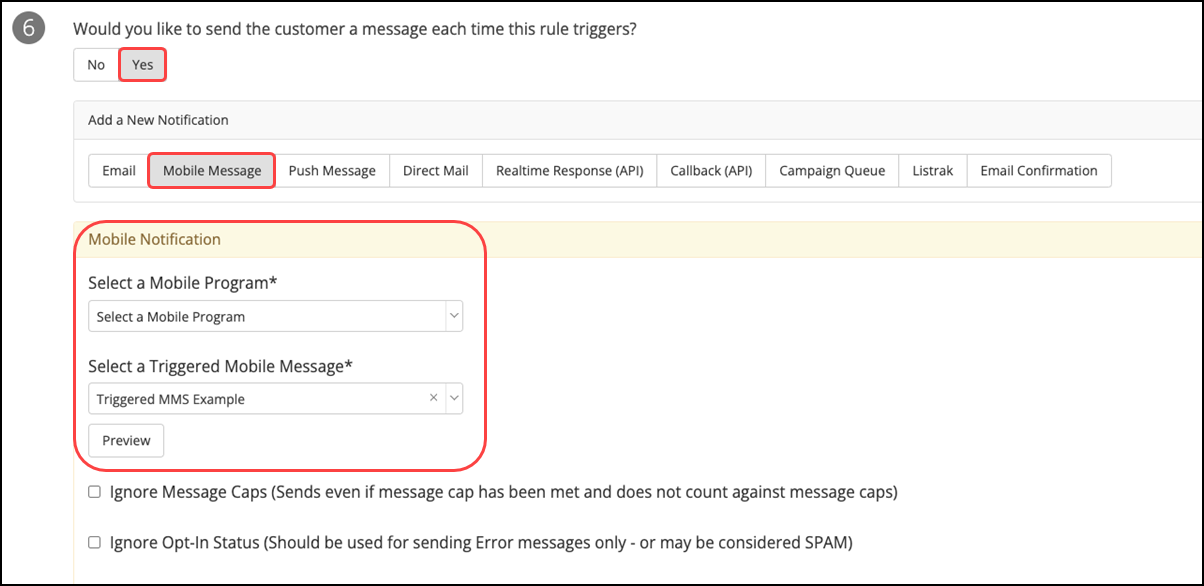 Select whether to send a message to customer